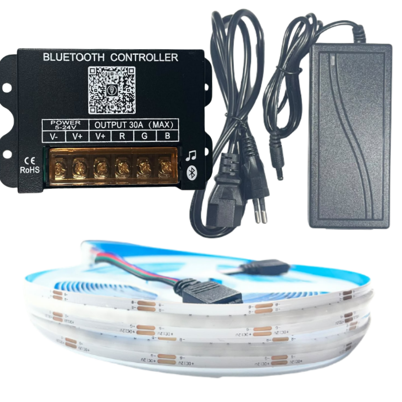 COB RGB ŞERİT LED SET BLUETOOTH KONTROLLÜ 360/1M LEDLİ 15 METRE  PLASTİK ADAPTÖR
