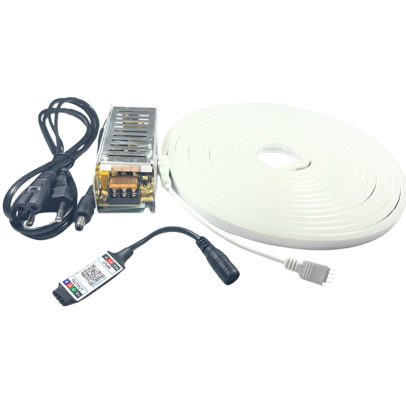 Bluetooth Kontrollü 6x12mm Esnek RGB Neon Şerit Led Set 5 Metre Adaptörlü Set