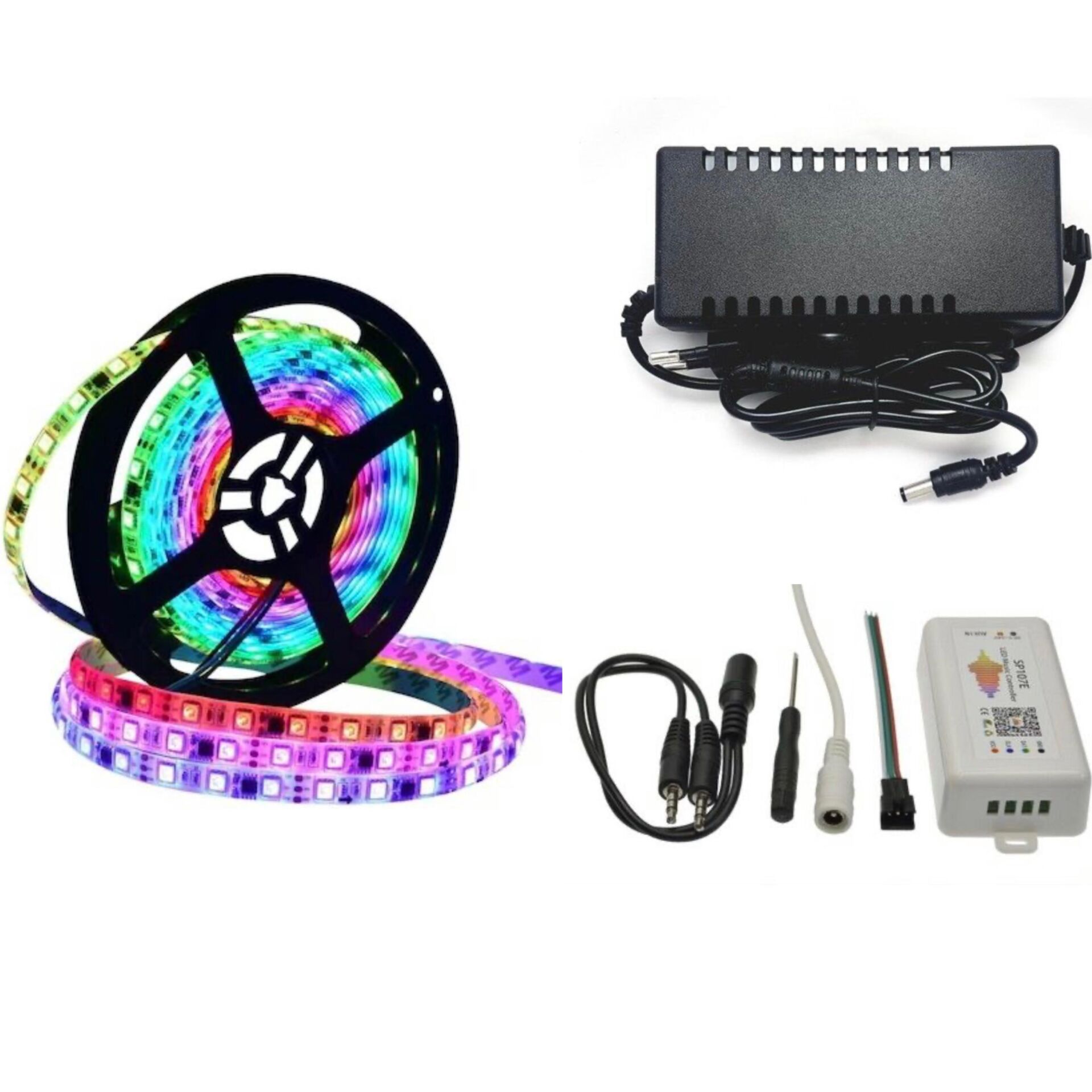 WS2811 ARGB Pixel Şerit LED  5m Ses ve Müzik Duyarli Bluetooth Kontrol sp107E+adaptör