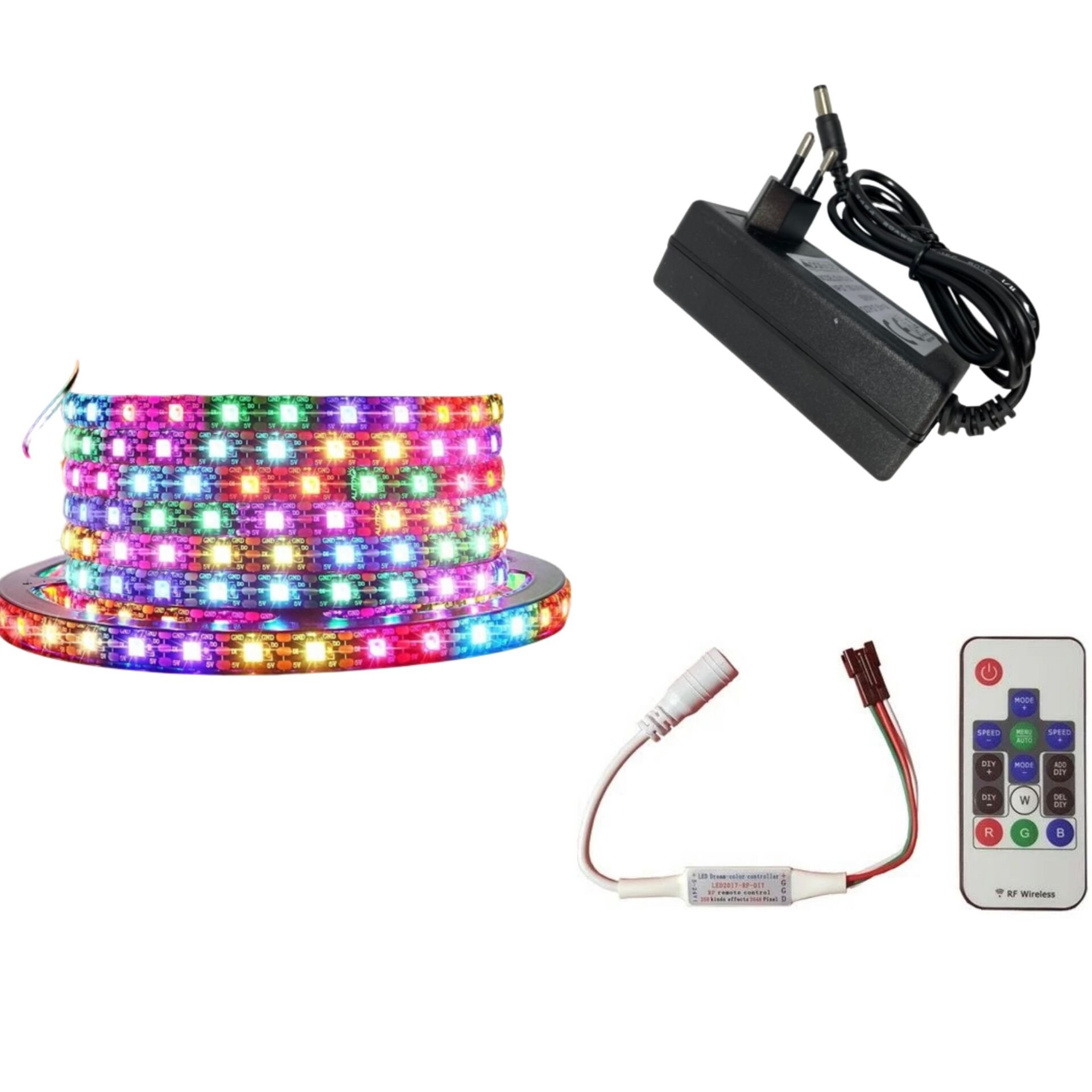 WS2812B ARGB Pixel Şerit LED 5VOLT 5m RF Kontrol Devresi+Adaptör