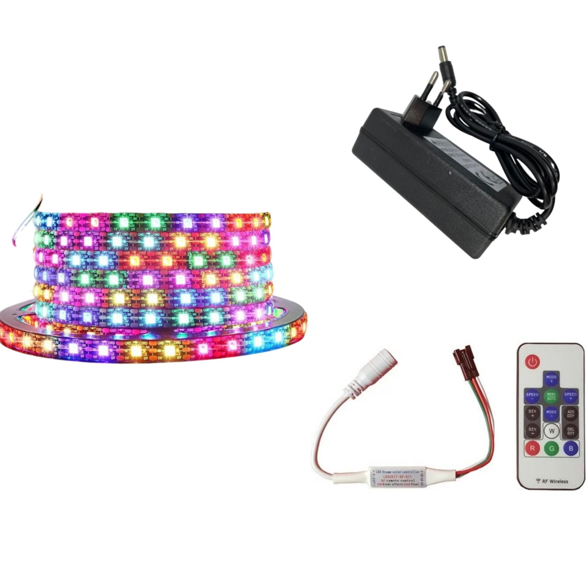 WS2812B ARGB Pixel Şerit LED 5VOLT 5m RF Kontrol Devresi+Adaptör