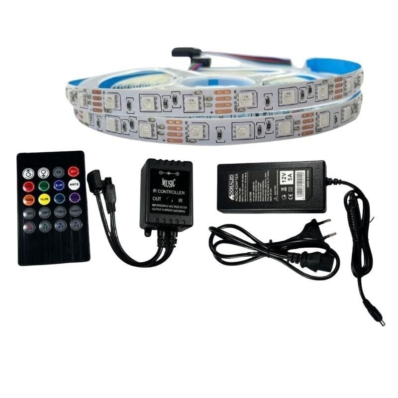 MÜZİK MODLU IR KUMANDALI RGB ŞERİT LED SET 5050 LEDLİ 3ÇİPLİ 10METRE IP20